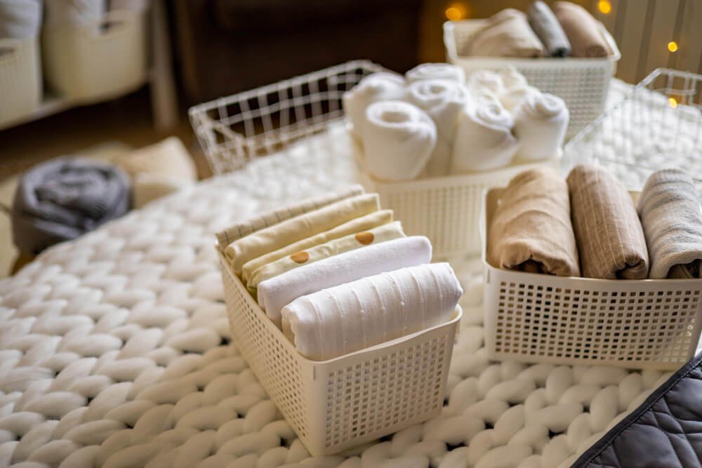Keep your home organized by using baskets, trays and containers